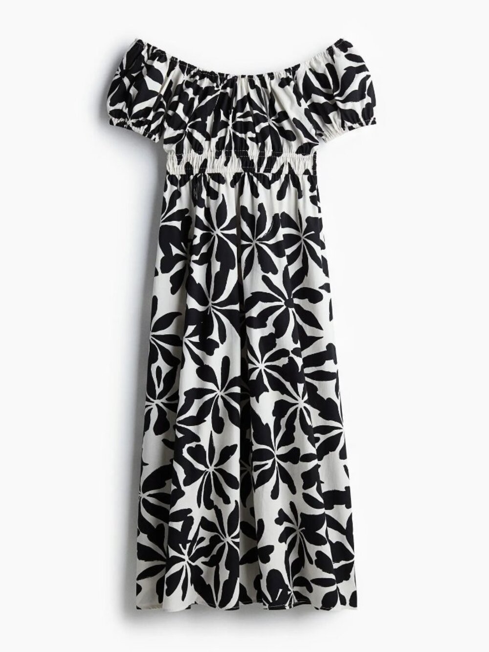 H&M Black & White Floral Smocked Puff Sleeve Midi Poplin Dress Small